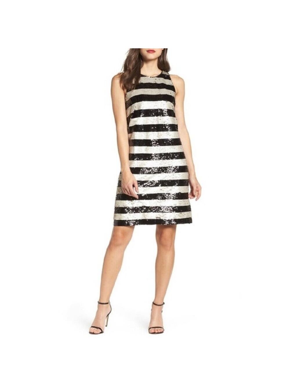 Eliza J Sequin Striped Shift Cocktail Gold Black Reversible Sequin Dress Size 8